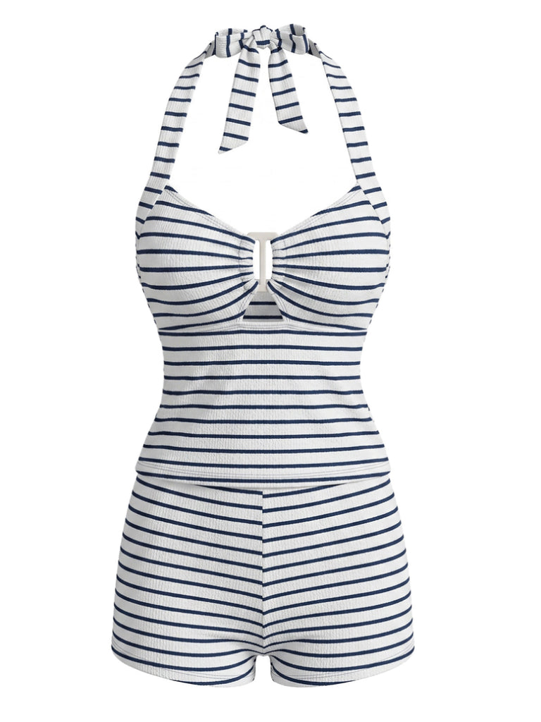 Ensemble Tankini Dos-Nu Rayé Ajouré Texturé Noir Années 1940 2