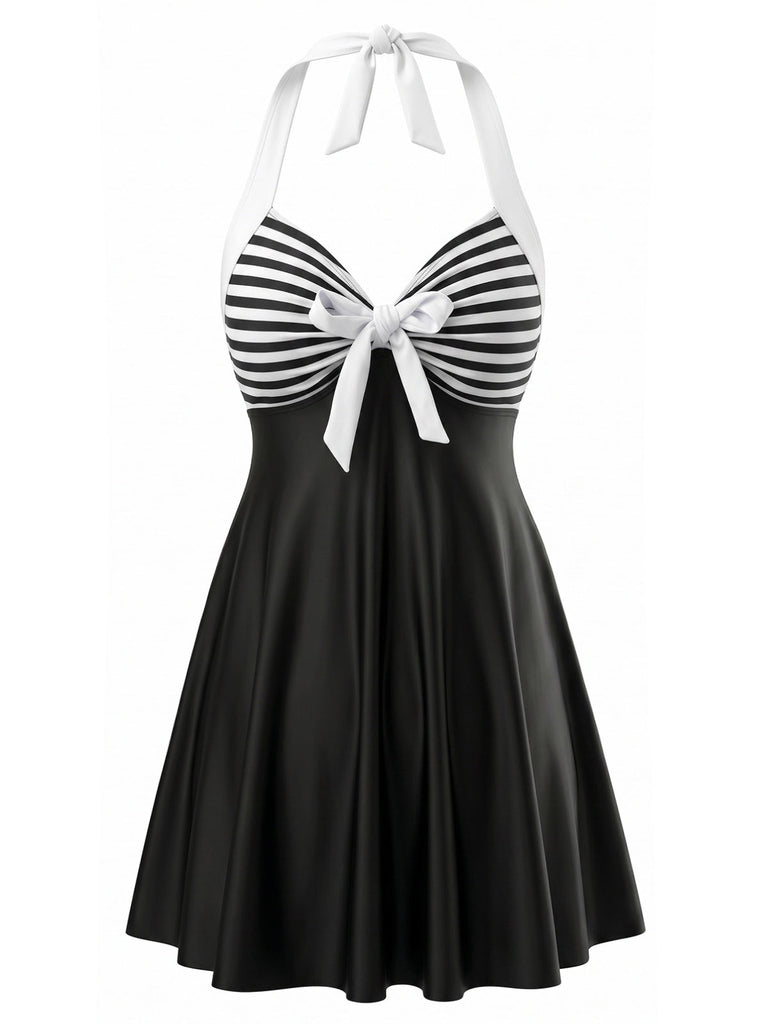 Rayée Dos-Nu Nœud Tankini Ensemble Noire Années 1940 2