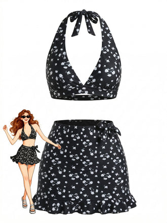 Ensemble 3 Pièces Bikini Dos-Nu Petites Fleurs & Cache-Maillot Noir Années 1960