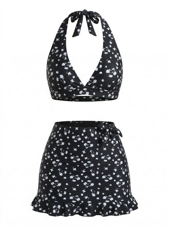 Ensemble 3 Pièces Bikini Dos-Nu Petites Fleurs & Cache-Maillot Noir Années 1960
