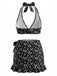 Ensemble 3 Pièces Bikini Dos-Nu Petites Fleurs & Cache-Maillot Noir Années 1960