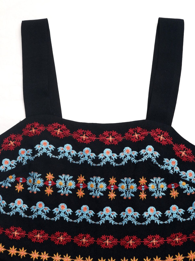 Combishort Smocké Col Carré Brodé Floral Noir Années 50