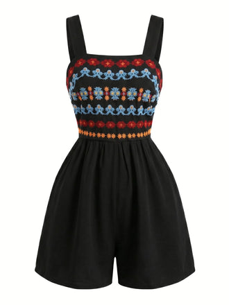 Combishort Smocké Col Carré Brodé Floral Noir Années 50