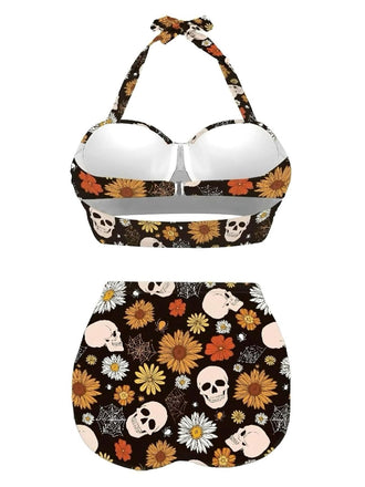 [Grande taille] Maillot de bain dos nu à lacets imprimé floral noir années 1950