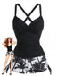 Ensemble tankini noir motif palmiers cordons serrage et fronces années 50