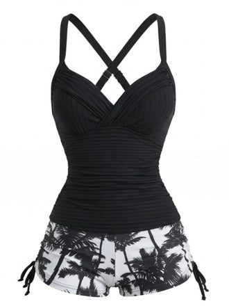 Ensemble Tankini Froncé à Cordons Imprimé Palmiers Noir Années 1950 2