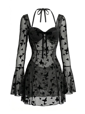 Maillot de Bain Une Pièce en Maille Transparente Imprimé Papillons Noir Années 1950