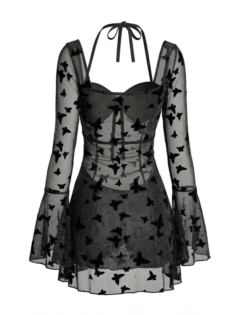 Maillot de Bain Une Pièce en Maille Transparente Imprimé Papillons Noir Années 1950