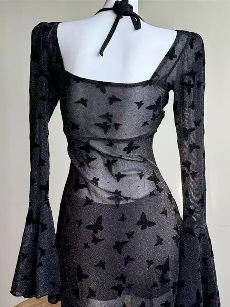Maillot de Bain Une Pièce en Maille Transparente Imprimé Papillons Noir Années 1950