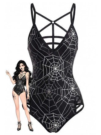 [Prévente] Araignée Toile Imprimée Gothique One-Pièce Maillot de Bain Noire Années 1950