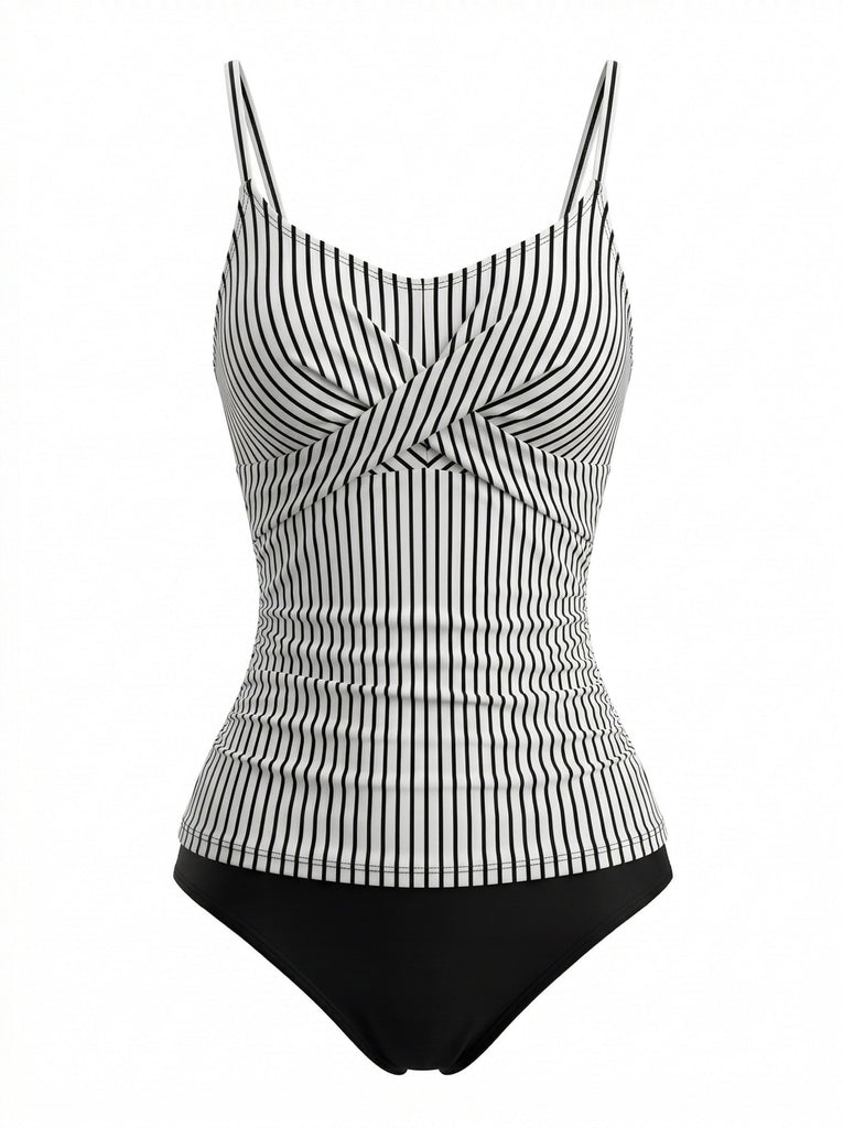 Rayé Bretelles Spaghetti Tankini Ensemble Noire Années 1950 2