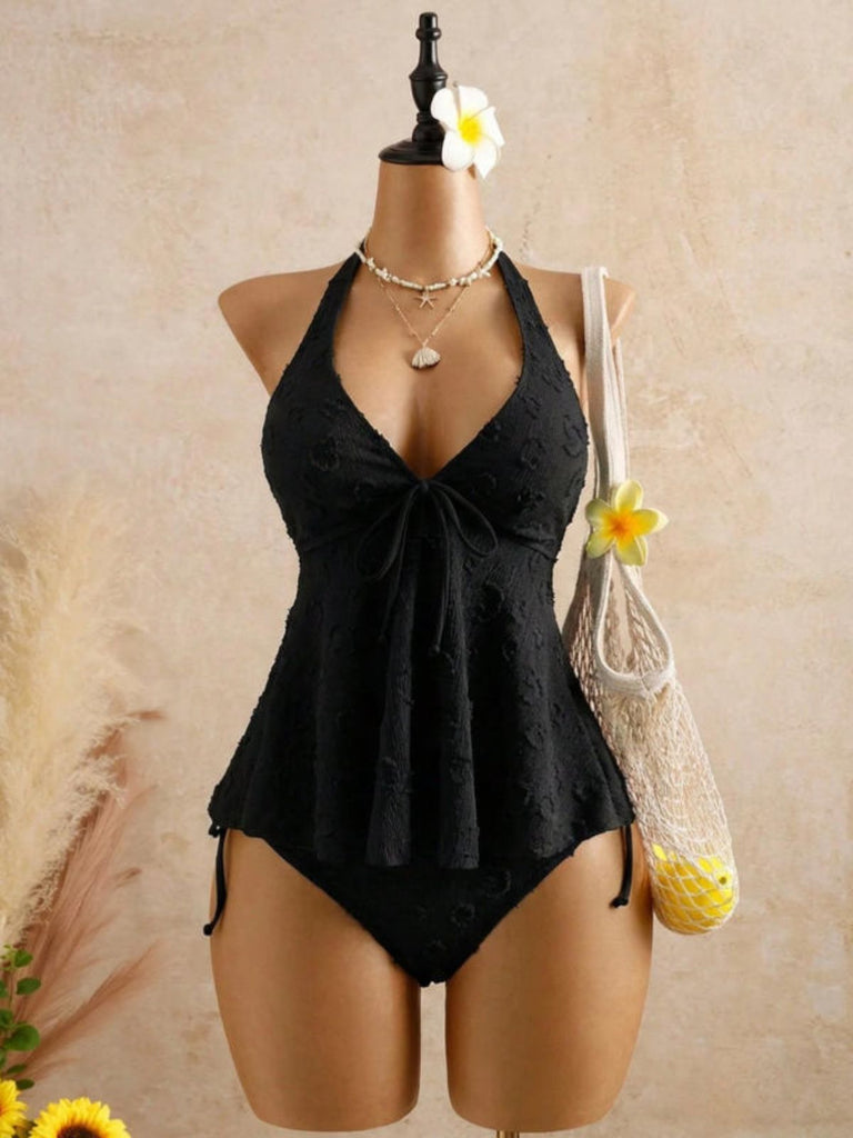 Texturé Floral Halter Profond V Ensemble Tankini Années 1950 10