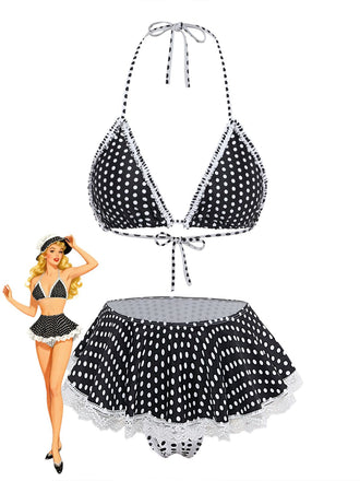 Noir à Pois Dentelle Halter Ensemble Bikini Années 1960