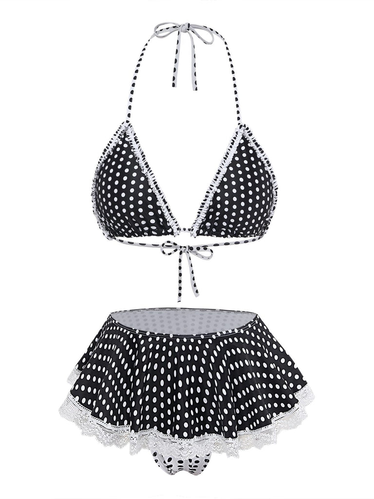 Noir à Pois Dentelle Halter Ensemble Bikini Années 1960 2
