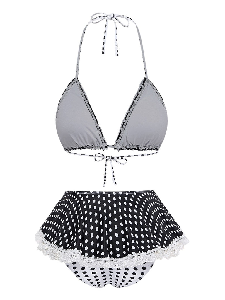 Noir à Pois Dentelle Halter Ensemble Bikini Années 1960 3