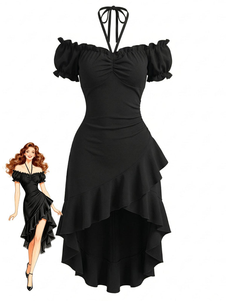 Robe Off-Shoulder à Manches Bouffantes Asymétrique à Volants Noir Années 60