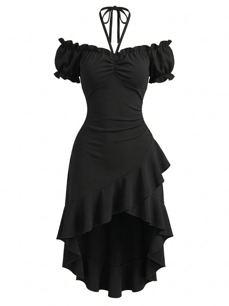 Robe Off-Shoulder à Manches Bouffantes Asymétrique à Volants Noir Années 60