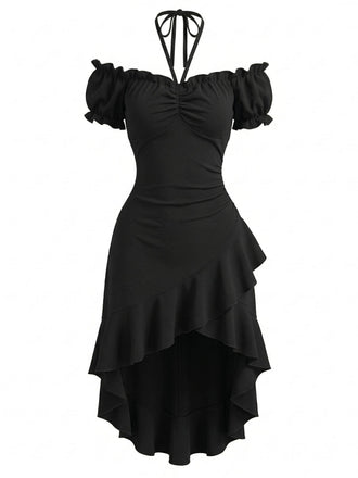 Robe Off-Shoulder à Manches Bouffantes Asymétrique à Volants Noir Années 60