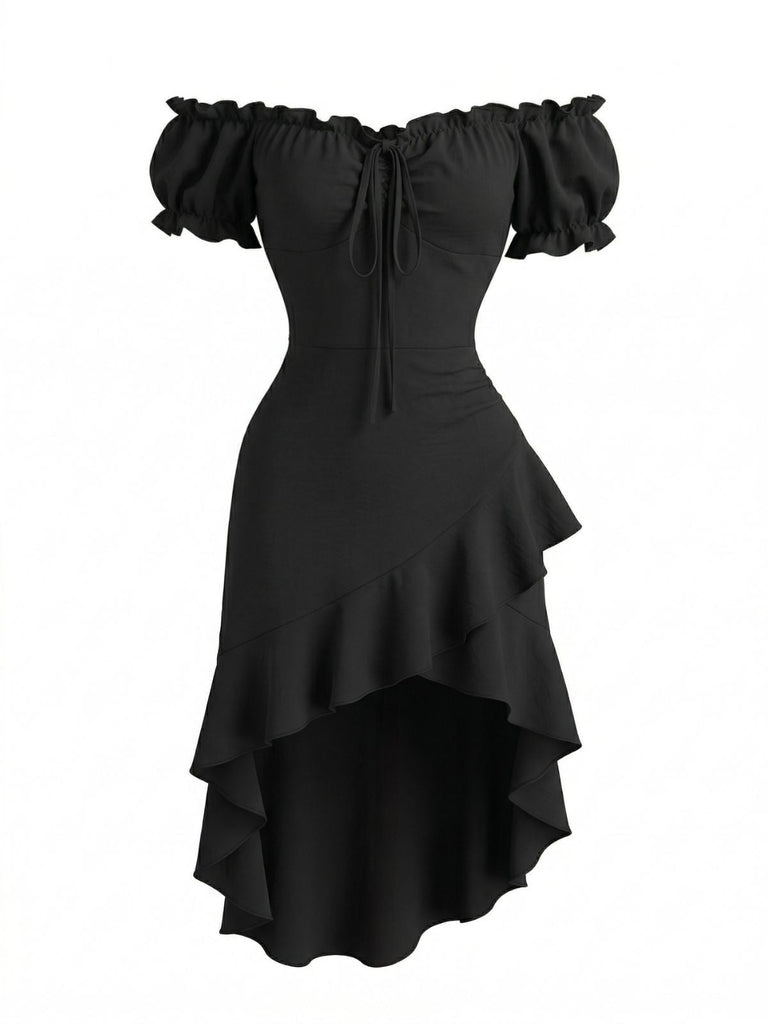 Robe Off-Shoulder à Manches Bouffantes Asymétrique à Volants Noir Années 60