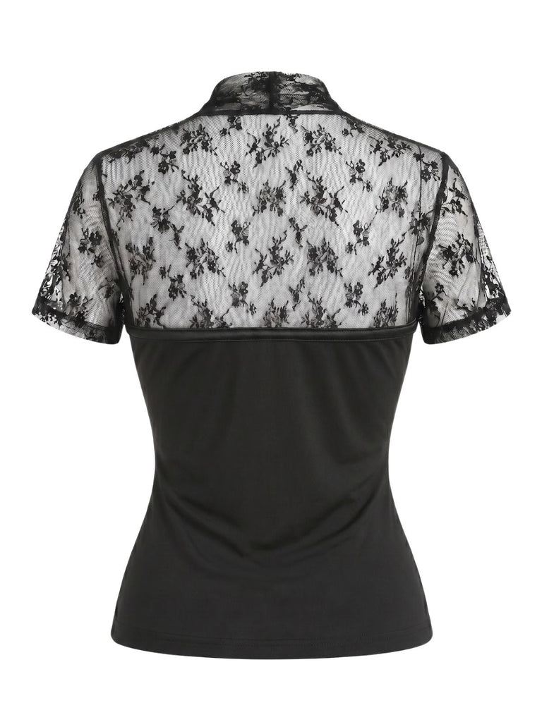 Blouse Col V Patchwork Dentelle Noir Années 60