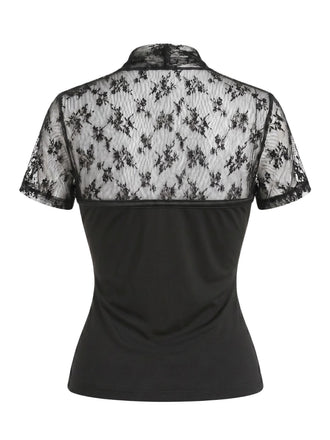 Blouse Col V Patchwork Dentelle Noir Années 60