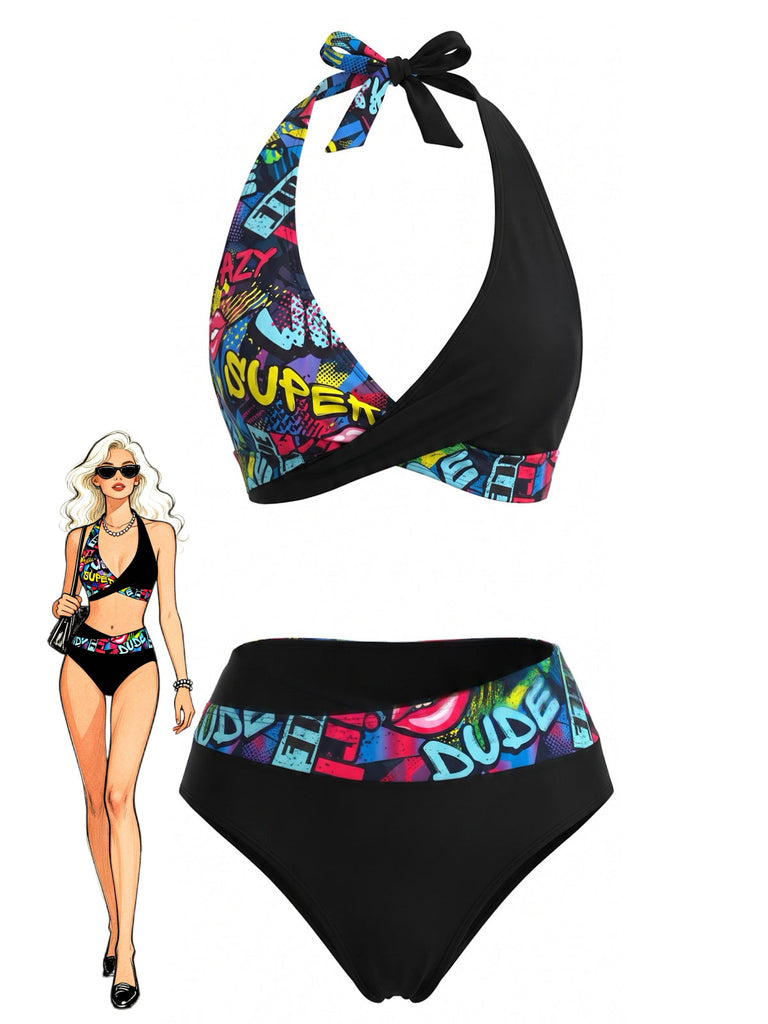 Dos-Nu Graffiti Imprimée Patchwork Maillot de Bain Noire Années 1970