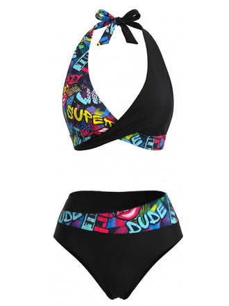 Dos-Nu Graffiti Imprimée Patchwork Maillot de Bain Noire Années 1970 2
