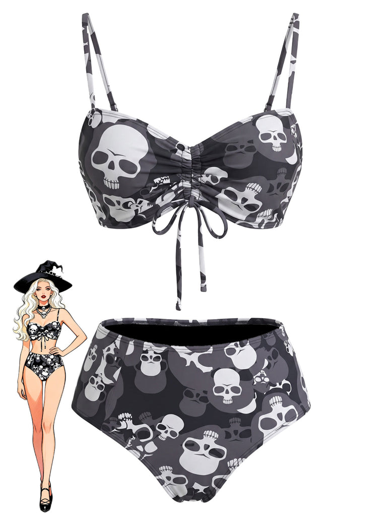 Gothique Crâne Imprimé Cordon Ensemble Bikini Noire Années 1980