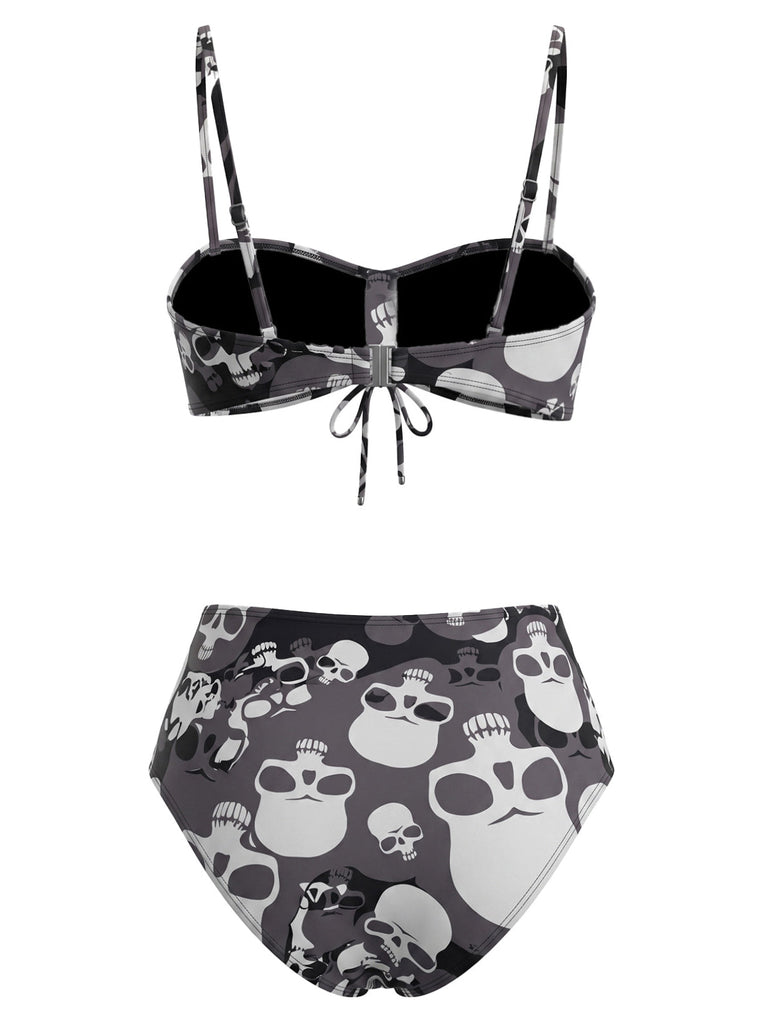 Gothique Crâne Imprimé Cordon Ensemble Bikini Noire Années 1980 3