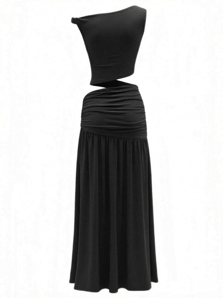 Black 2PCS 1930s Off-Shoulder Top & Slit Ruched Maxi Skirt-back-view