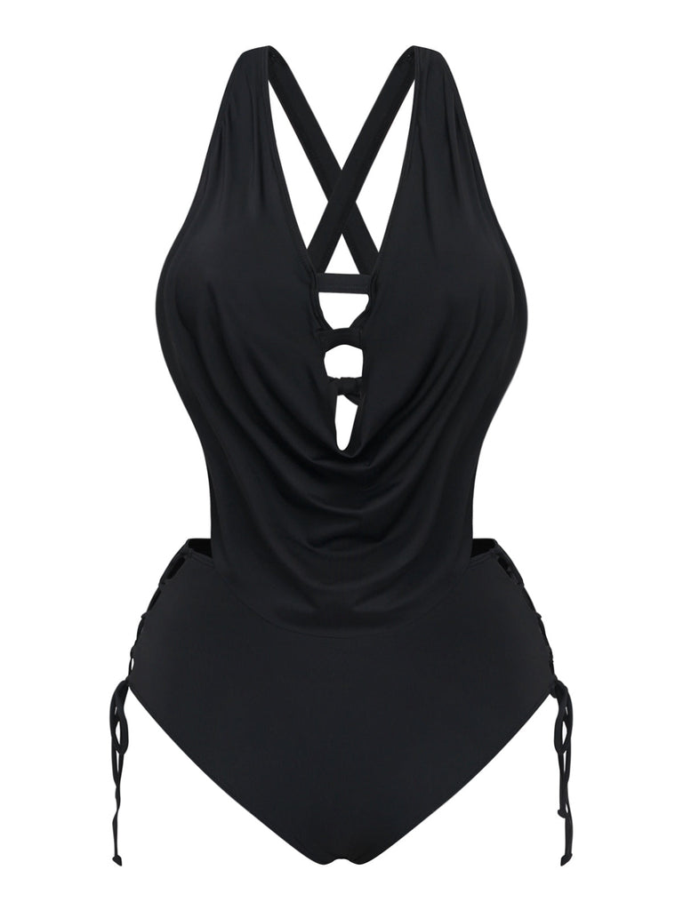 Black vintage tankini with crisscross cutout details and lace-up design in 1940s style