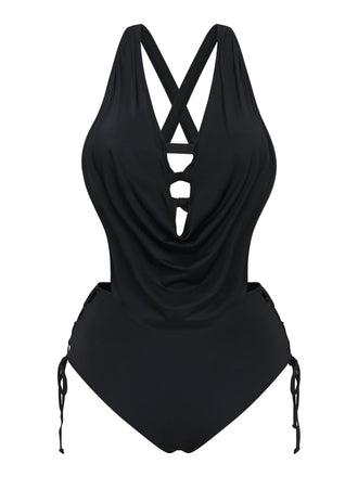 Black vintage tankini with crisscross cutout details and lace-up design in 1940s style