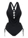 Black vintage tankini with crisscross cutout details and lace-up design in 1940s style