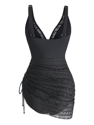 Noir Dentelle Col V Froncé Maillot de Bain Une Pièce Années 1950 2