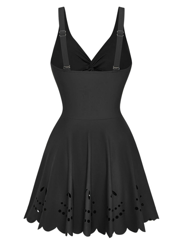 Uni Torsadé Devant Ajouré Maillot de Bain à Jupe Une Pièce Années 1930 3