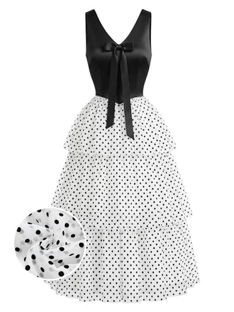 [Prévente] Robe en Mousseline à Pois avec Volants Étagés Noir & Blanc Années 40
