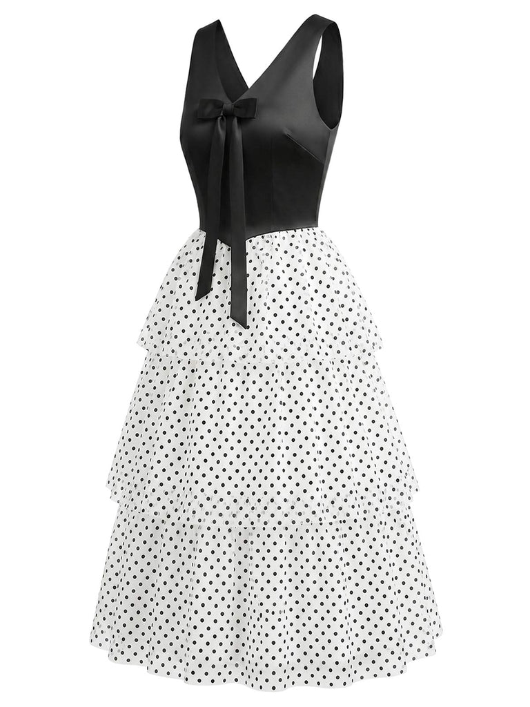 [Prévente] Robe en Mousseline à Pois avec Volants Étagés Noir & Blanc Années 40