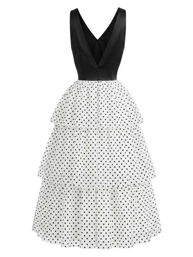 [Prévente] Robe en Mousseline à Pois avec Volants Étagés Noir & Blanc Années 40