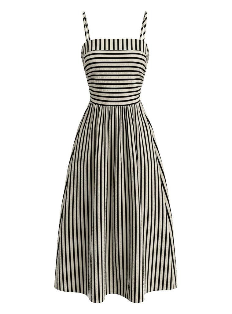 Robe à Bretelles Fines Rayée Noire & Crème Années 1950