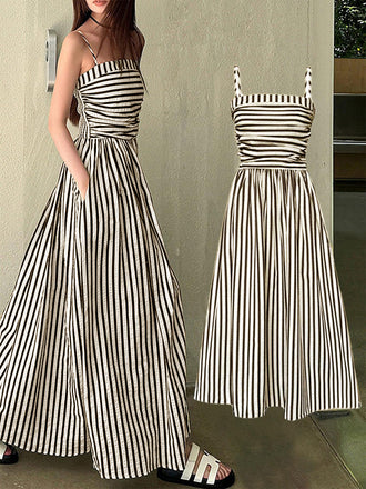 Robe à Bretelles Fines Rayée Noire & Crème Années 1950