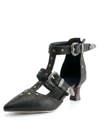 Black high-heeled shoes with silver buckles and studs on a white background