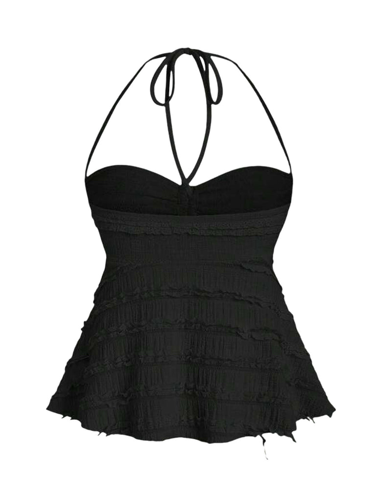Y2K Uni Texturé Halter Froncé Babydoll Haut 6
