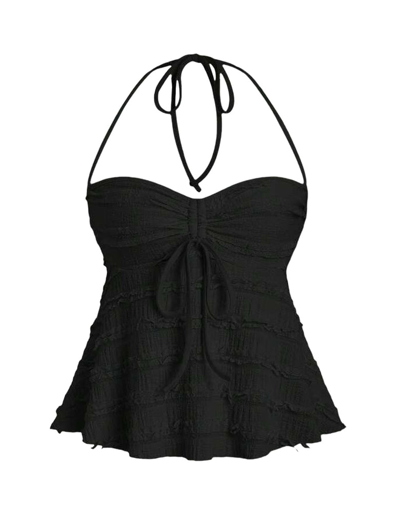 Y2K Uni Texturé Halter Froncé Babydoll Haut 5