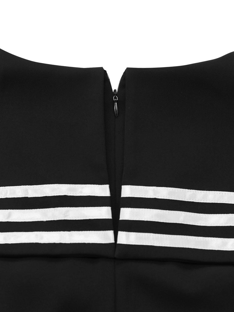 Close-up of a black garment with white stripes and a zipper on a white background