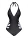 Black one-piece swimsuit with white floral details on a white background
