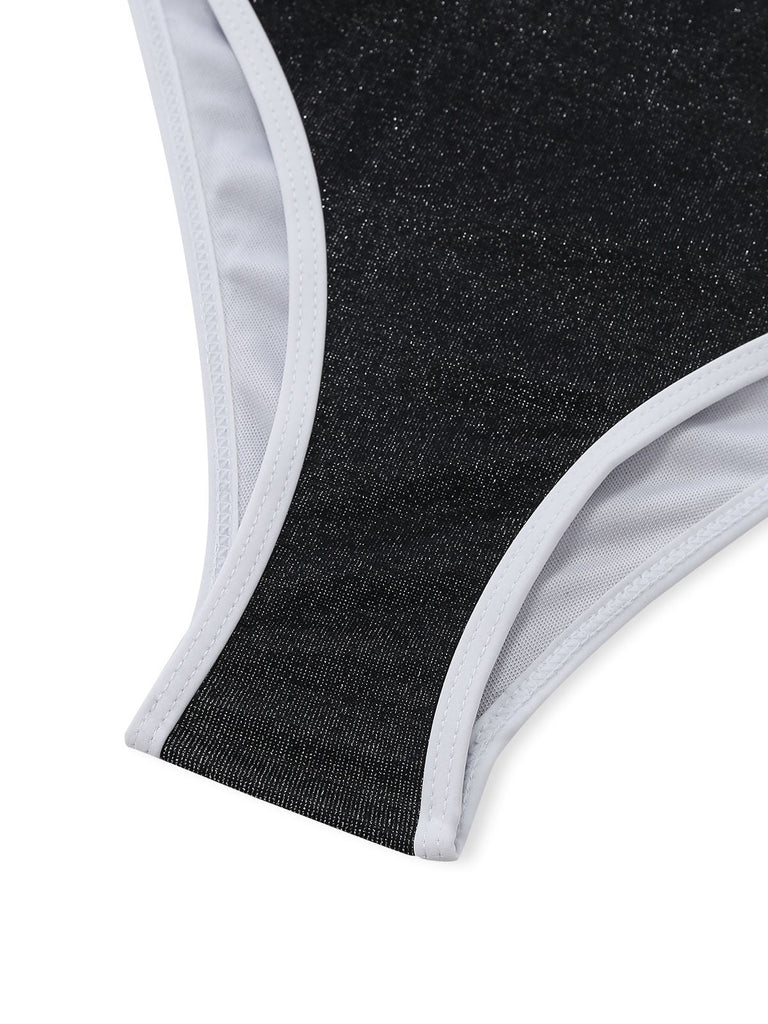 Black swimsuit top with white mesh lining on a white background