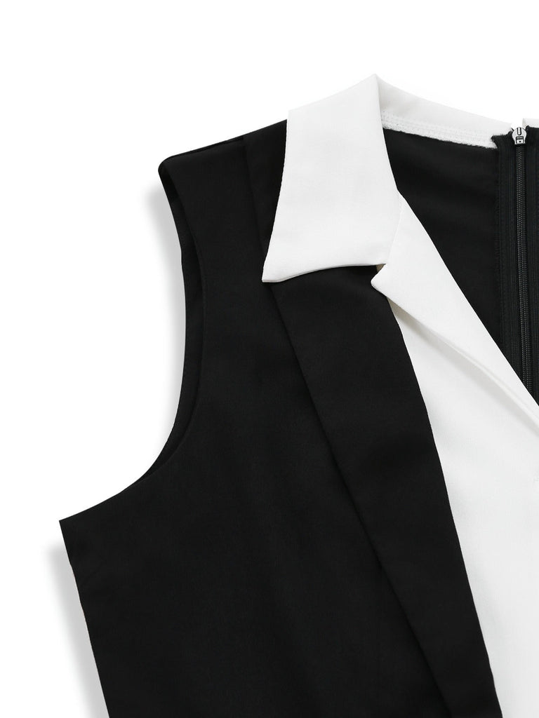 Black sleeveless top with white collar on a light gray background