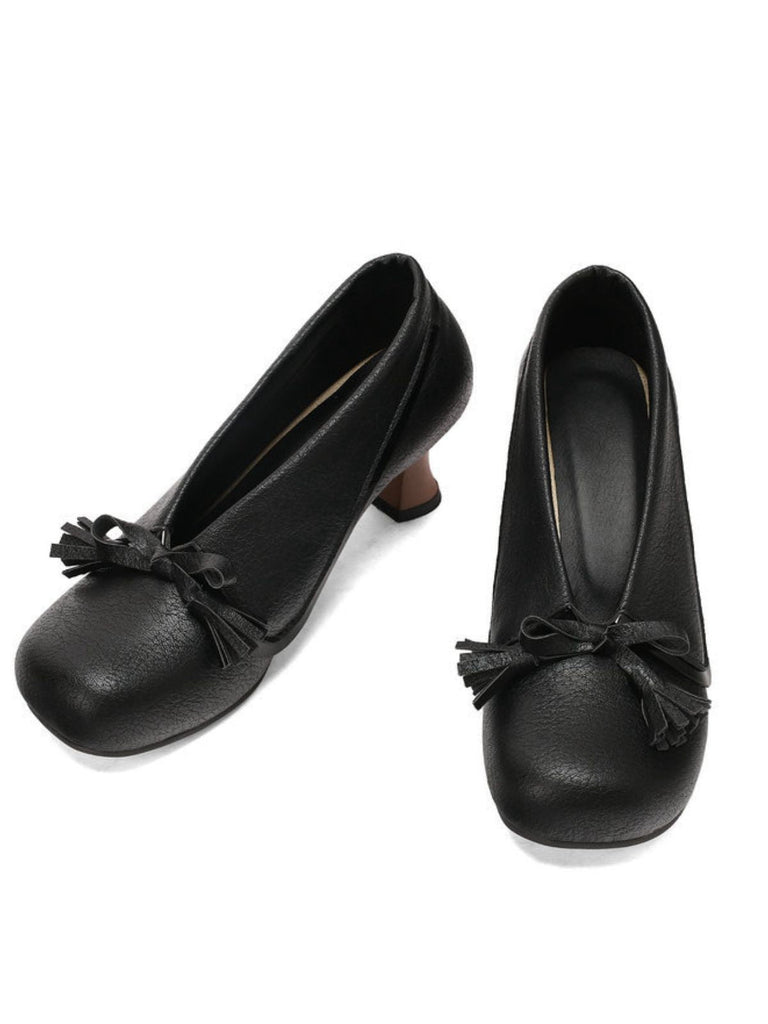 Chaussures rétro à nœud en PU, bout rond et talon compensé