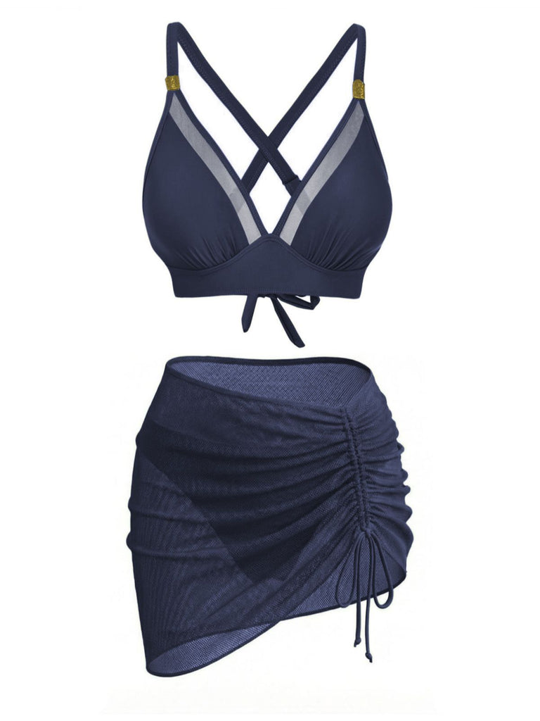 Devant : Ensemble bikini 3 pièces années 50 à boutons en métal massif, une beauté intemporelle, parfait pour les amatrices de mode vintage.