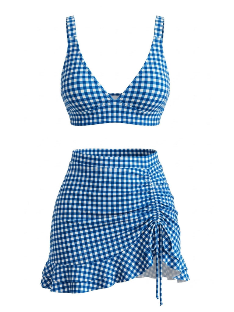 3PCS à Volants Ourlet à Carreaux Drawstring Ensemble Tankini Années 1950 9